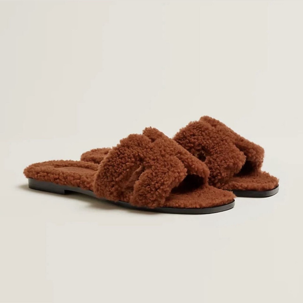 Hermes Brown Fuzzy Slide Sandals